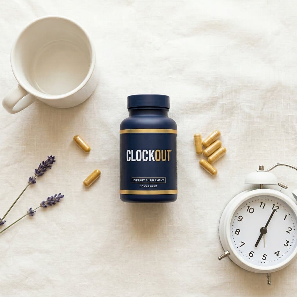 Flat lay with clock, mug, and lavender